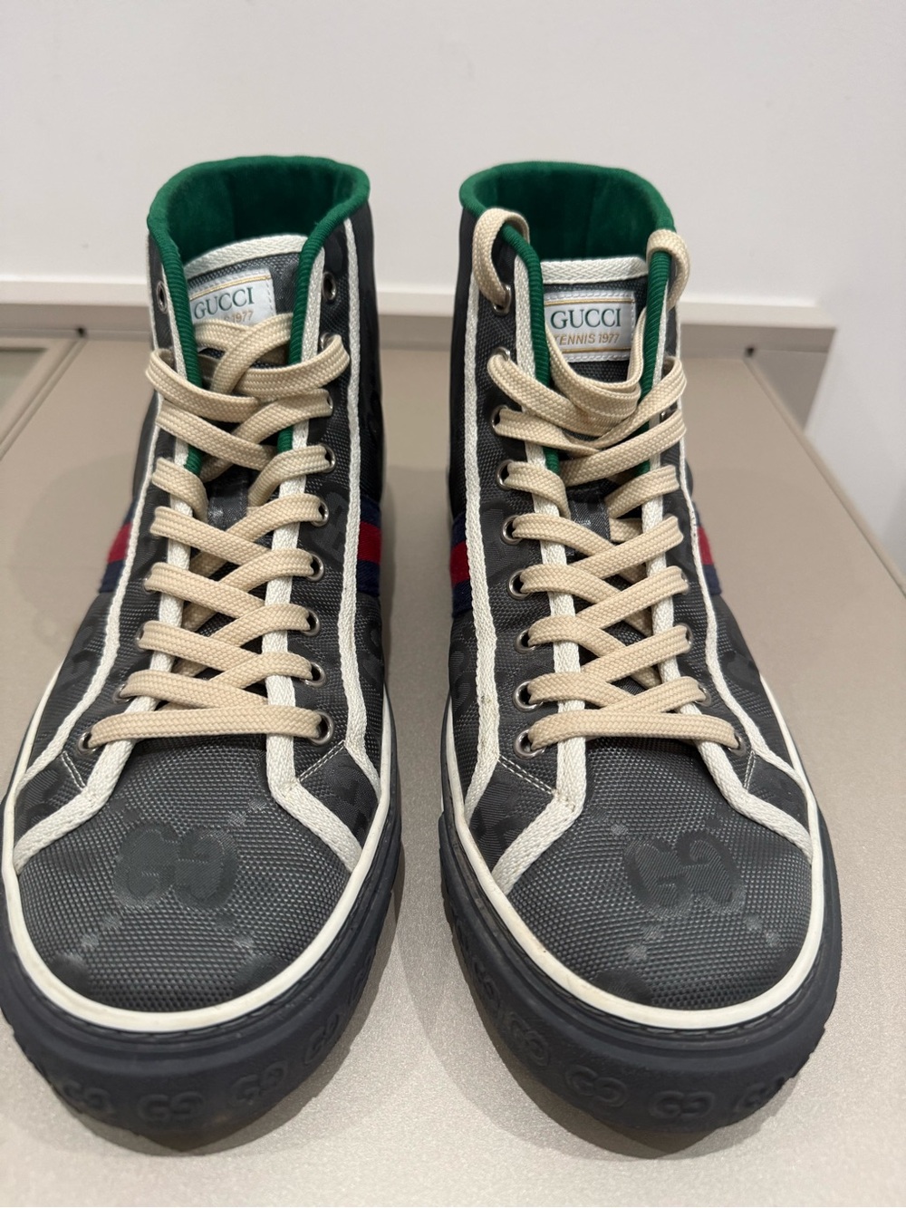 Gucci Black High-Top Sneakers with Green Trim and Red-Blue Stripe